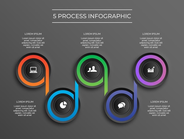 Infografía de proceso moderno de tema oscuro 5 vector premium