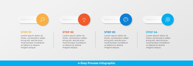 Infografía de procesos de negocio con cuatro pasos e íconos