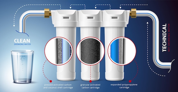Infografía realista del filtro de agua Sistema de purificación de agua carbón activado granular y rellenos de cáscara de coco proceso de filtración banner promocional elementos 3d concepto vectorial total