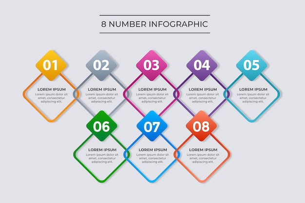 Infografía de rectángulos de 8 colores.