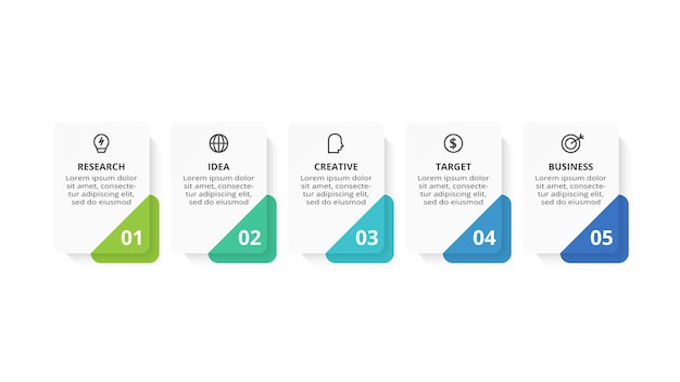 Infografía de rectángulos con opciones de 5 pasos partes o procesos visualización de datos comerciales