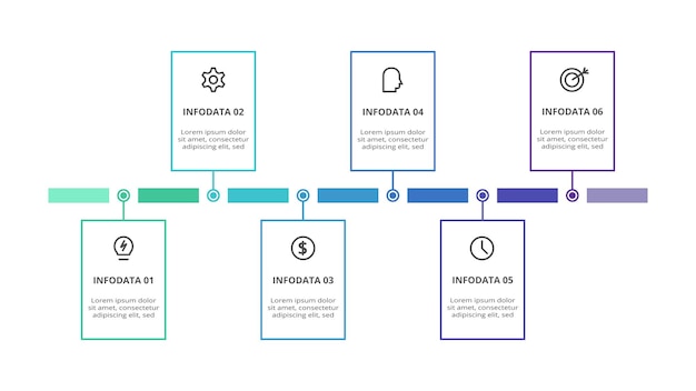 Infografía de rectángulos con opciones de 6 pasos partes o procesos visualización de datos comerciales