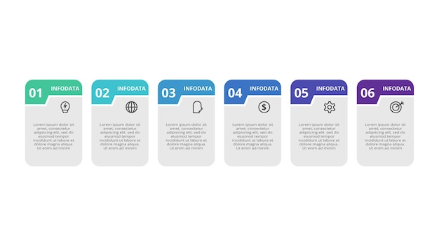 Infografía de rectángulos con opciones de 6 pasos partes o procesos visualización de datos comerciales