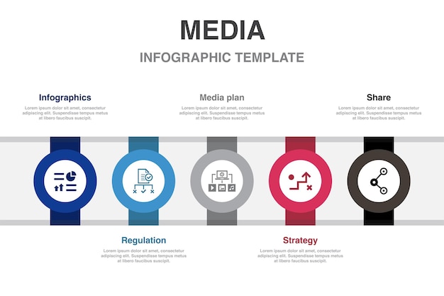 Infografía regulación medios plan estrategia compartir iconos Infografía plantilla de diseño Concepto creativo con 5 pasos