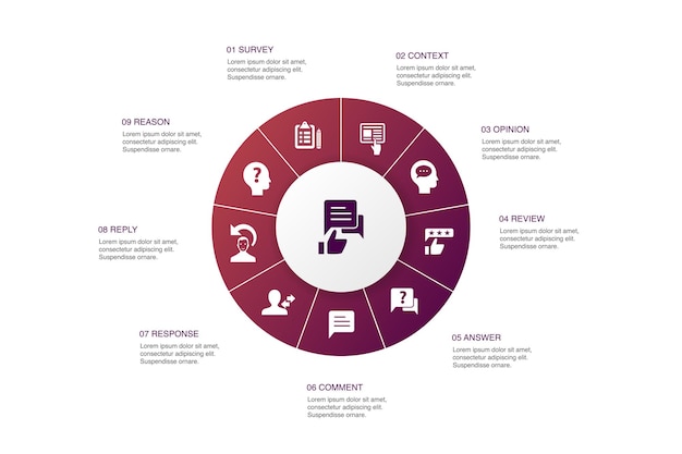Infografía de retroalimentación diseño de círculo de 10 pasos. Encuesta, opinión, comentario, respuesta iconos simples
