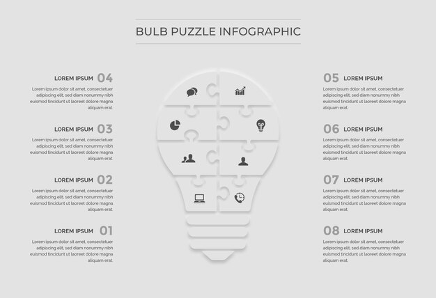 Vector una infografía de rompecabezas de bombillas con íconos