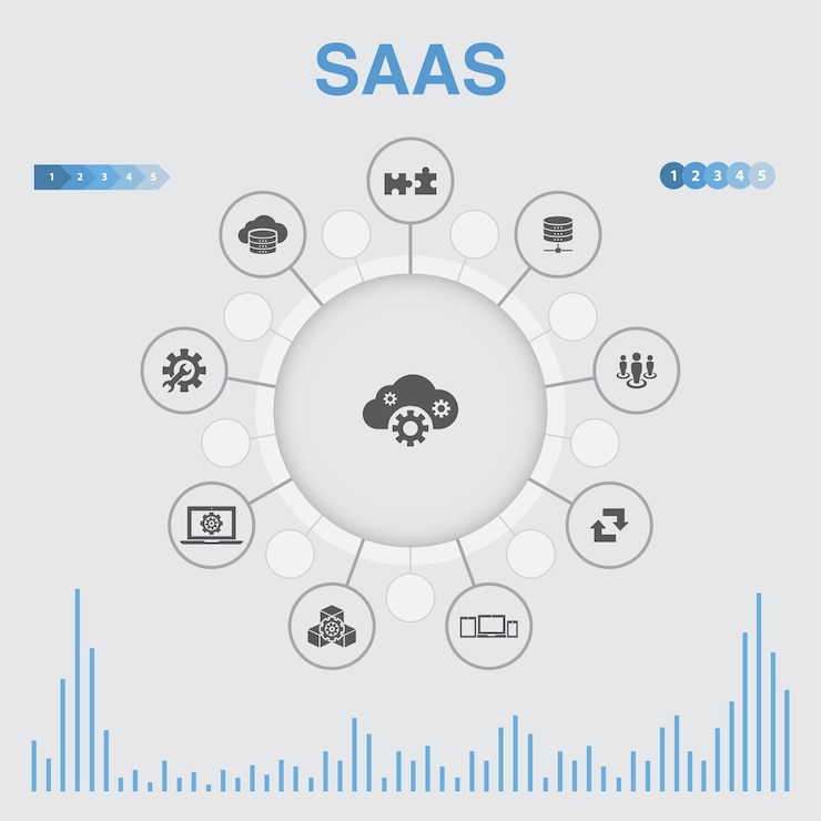 Vector infografía saas con iconos. contiene iconos como almacenamiento en la nube, configuración, software, base de datos