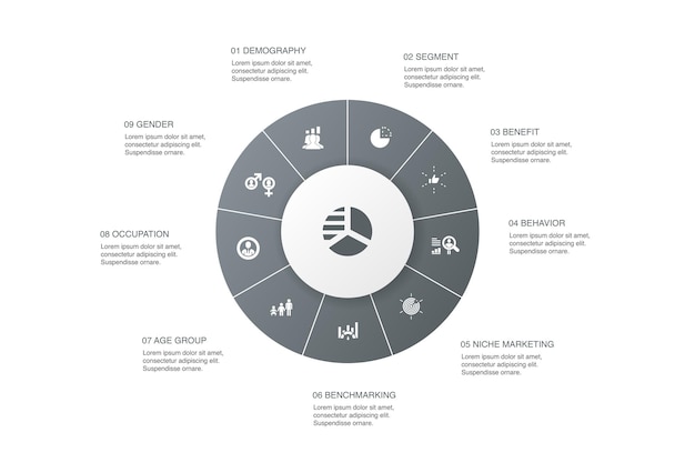 Infografía de segmentación de mercado Diseño de círculo de 10 pasos.demografía, segmento, evaluación comparativa, iconos simples de grupo de edad