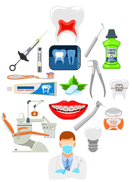 Vector infografía de servicios dentales con iconos de higiene bucal y clínica dental en estilo plano doctor dentista silla diente y aparatos ortopédicos ilustración vectorial