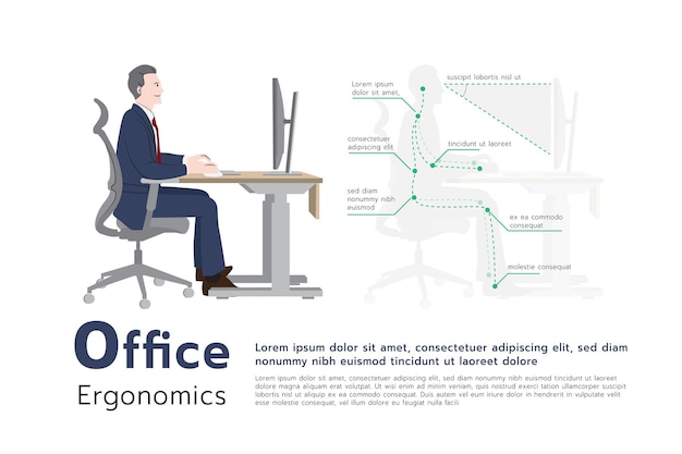 Infografía sobre cómo prevenir el síndrome de la oficina Postura sentada en una ilustración gráfica plana de computadora