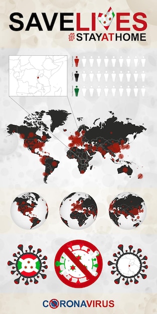 Infografía sobre el coronavirus en burundi quédese en casa salve vidas bandera y mapa de burundi mapa mundial con casos de covid19