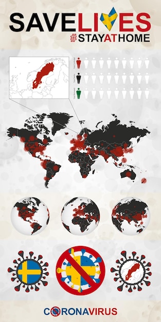 Vector infografía sobre el coronavirus en suecia quédate en casa salva vidas bandera y mapa de suecia mapa mundial con casos de covid19