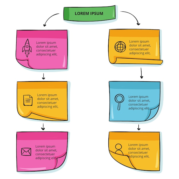 Vector infografía de tableros de notas adhesivas dibujadas a mano
