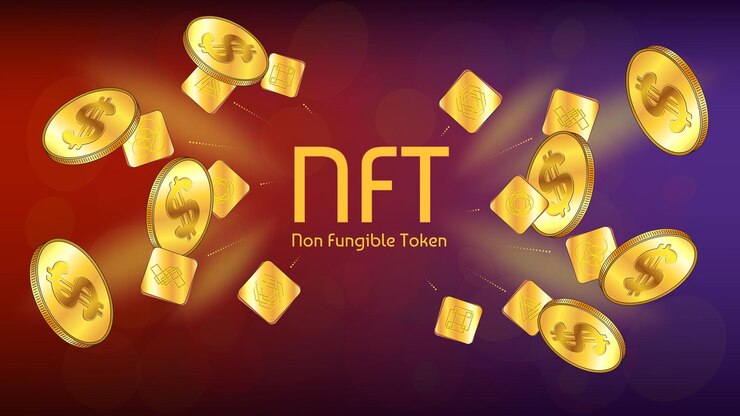 Vector infografía de token no fungible nft con tokens únicos de oro voladores y monedas de oro de dólares sobre fondo de color. concepto de ganancias en los mercados nft. paga por coleccionables únicos.