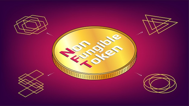 Infografía de tokens no fungibles NFT con moneda de oro isométrica en el centro y tokens únicos alrededor. Paga por coleccionables únicos en juegos o arte. Ilustración vectorial.