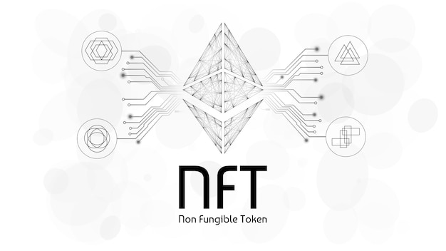 Infografía de tokens no fungibles NFT con pistas de pcb y diferentes tokens sobre fondo blanco Pague por coleccionables únicos en juegos o arte Ilustración vectorial
