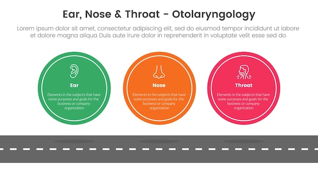 Infografía de tratamiento de la enfermedad de salud 3 puntos plantilla de etapa con gran círculo simétrico horizontal en la parte superior de la carretera para la presentación de diapositivas