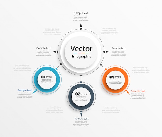 Infografía de tres pasos con círculos coloridos
