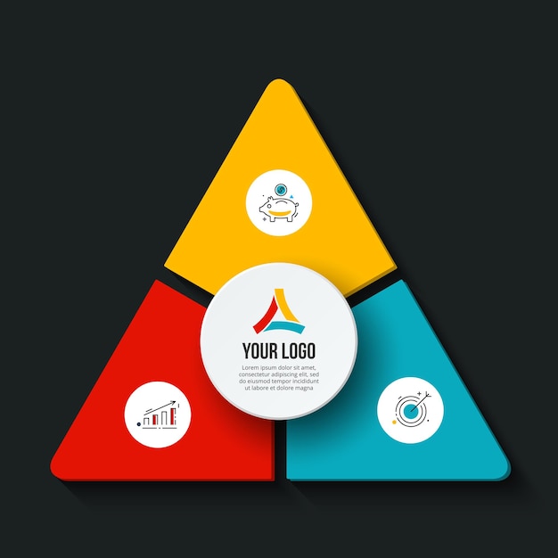 Infografía de triángulo oscuro vectorial con 3 opciones partes pasos o procesos Visualización de datos