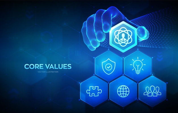 Infografía de valores centrales Responsabilidad Ética Objetivos Concepto de negocio de la empresa en pantalla virtual La mano de estructura metálica coloca un elemento en una composición que visualiza los valores centrales Ilustración vectorial