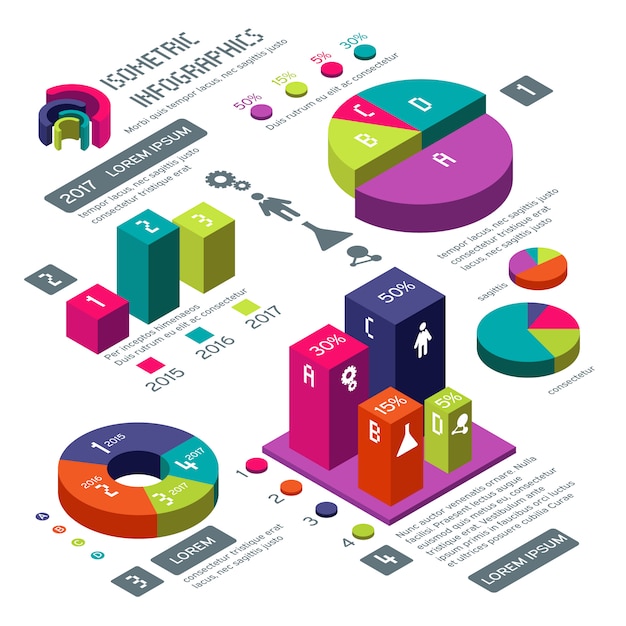 Vector infografía de vector de negocio 3d isométrica con diagramas de color y gráficos