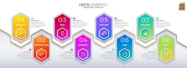 Infografía VECTOR negocio diseño hexágono iconos plantilla colorida 8 opciones o pasos estilo minimalista aislado Puede utilizarse para el proceso de marketing presentaciones de flujo de trabajo diagrama de flujo de diseño anuncio de impresión