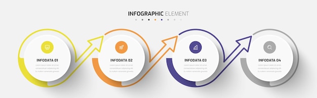Infografía vectorial con diseño abstracto, línea de iconos de etiquetas circulares y 4 opciones para la presentación