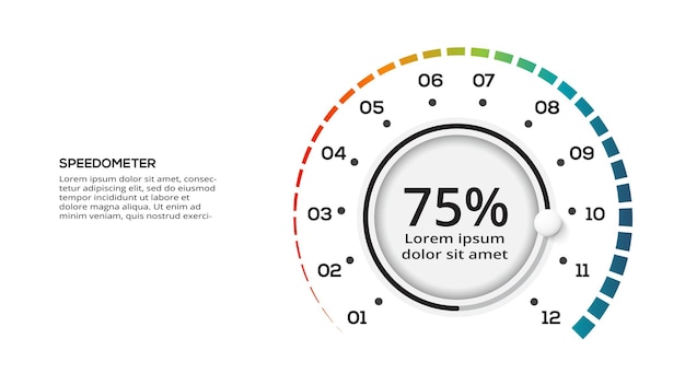 Infografía de velocímetro con plantilla de 12 elementos para presentaciones de negocios web ilustración vectorial visualización de datos comerciales