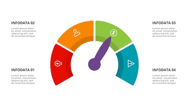 Infografía de velocímetro con plantilla de 4 elementos para presentaciones de negocios web ilustración vectorial Visualización de datos comerciales