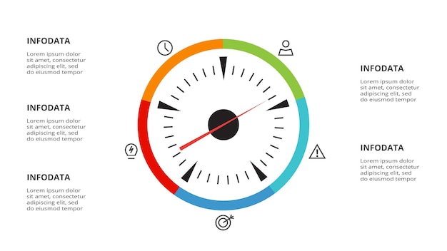 Vector infografía de velocímetro con plantilla de 5 elementos para presentaciones de negocios web ilustración vectorial visualización de datos comerciales