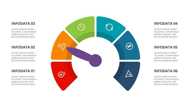 Infografía de velocímetro con plantilla de 6 elementos para presentaciones de negocios web ilustración vectorial visualización de datos comerciales