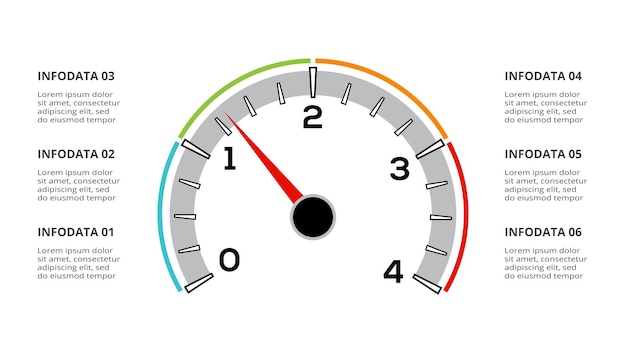 Infografía de velocímetro con plantilla de 6 elementos para presentaciones de negocios web ilustración vectorial Visualización de datos comerciales