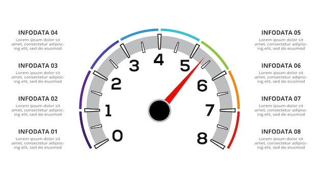 Infografía de velocímetro con plantilla de 8 elementos para presentaciones de negocios web ilustración vectorial Visualización de datos comerciales