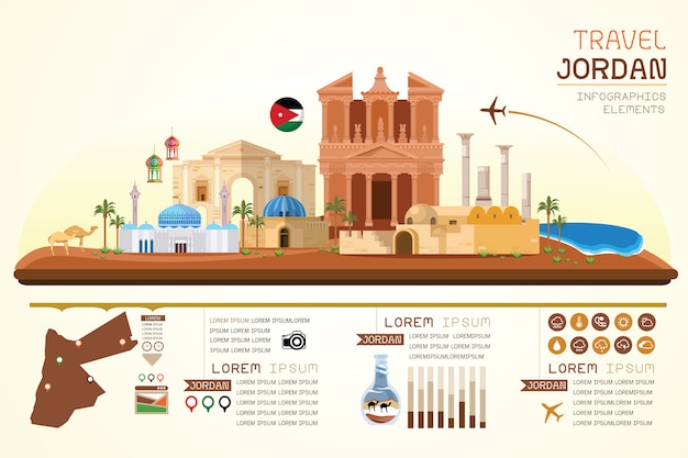 Infografía viajes y diseño de plantilla de Jordania histórico.
