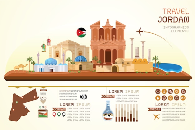 Vector infografía viajes y diseño de plantilla de jordania histórico.