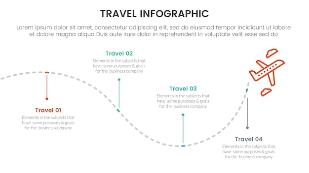 infografía de viajes de vacaciones con plantilla de etapa de 4 puntos con línea de tiempo ondulada arriba y abajo para la presentación de diapositivas