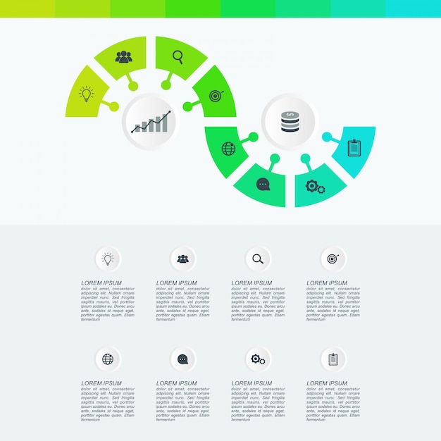 Infografía visualización de datos comerciales con 8 etapas