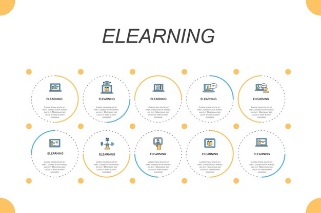 Infografías de aprendizaje electrónico para el concepto de negocio con iconos Aprendizaje a distancia Capacitación en línea Capacitación en video Seminario web