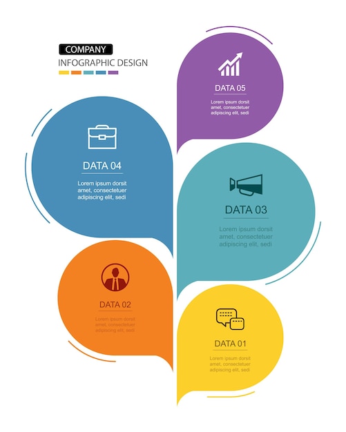 Infografías burbujas de habla línea de tiempo con plantilla de datos de 5 números Ilustración de fondo abstracto