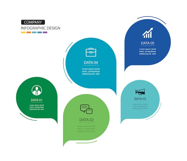 Infografías burbujas de habla línea de tiempo con plantilla de datos de 5 números Ilustración de fondo abstracto