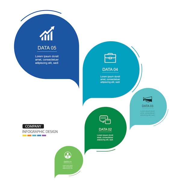 Infografías burbujas de habla línea de tiempo con plantilla de datos de 5 números Ilustración de fondo abstracto