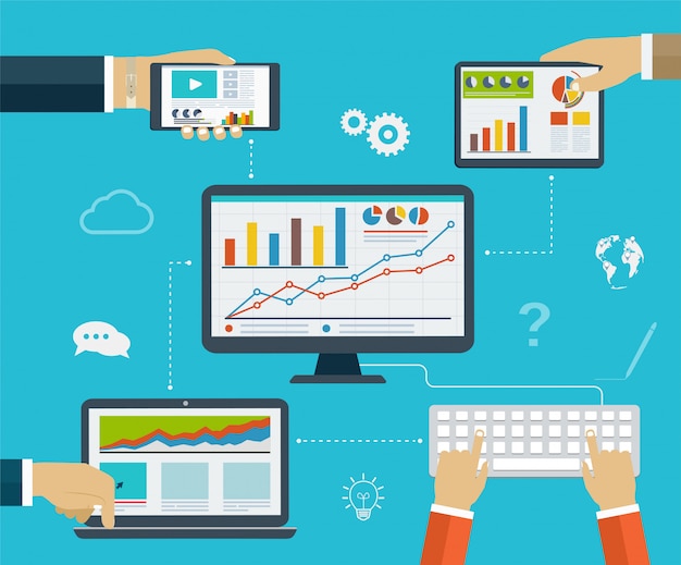 Infografías comerciales mediante el uso de dispositivos digitales modernos para la navegación por internet, informes, cuadros y gráficos estadísticos