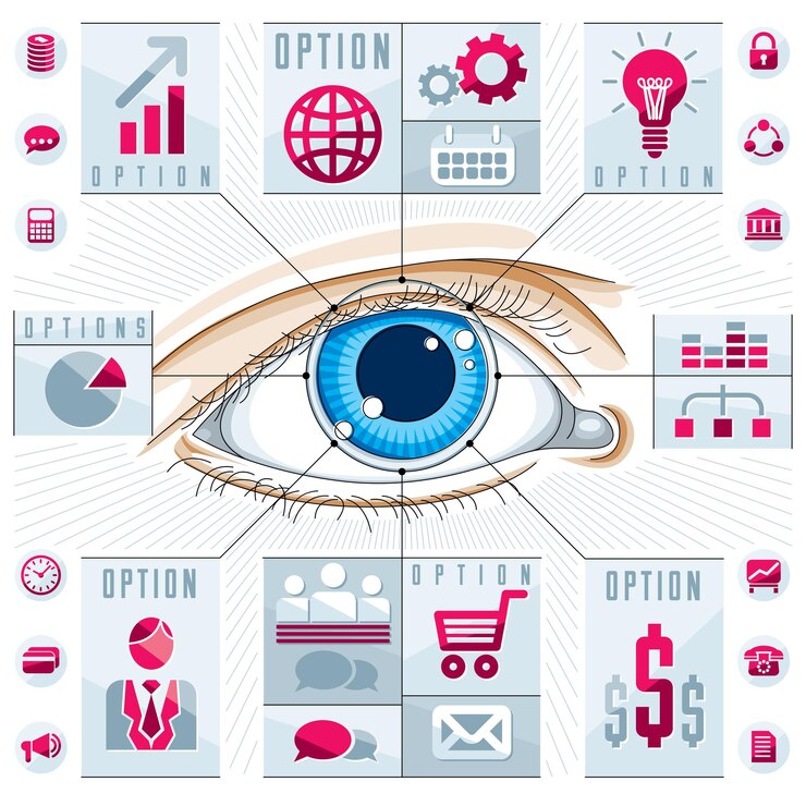 Vector infografías creativas, ojo humano, idea de ojo mirando, ilustración vectorial.