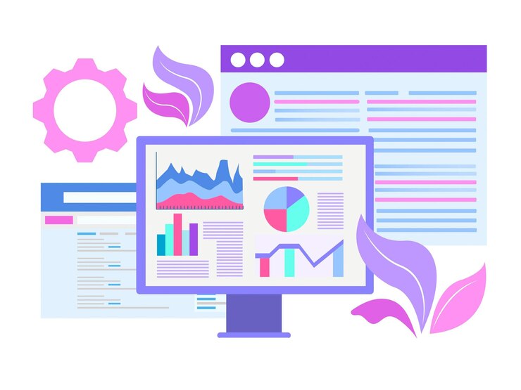 Vector infografías financieras de análisis de negocios en la pantalla de la computadora