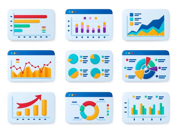 Infografías financieras analíticas Iconos 3D Gráfico de pantalla Finanzas bancarias y cuentas Gráficos de crecimiento Análisis financiero Conjunto vectorial conciso
