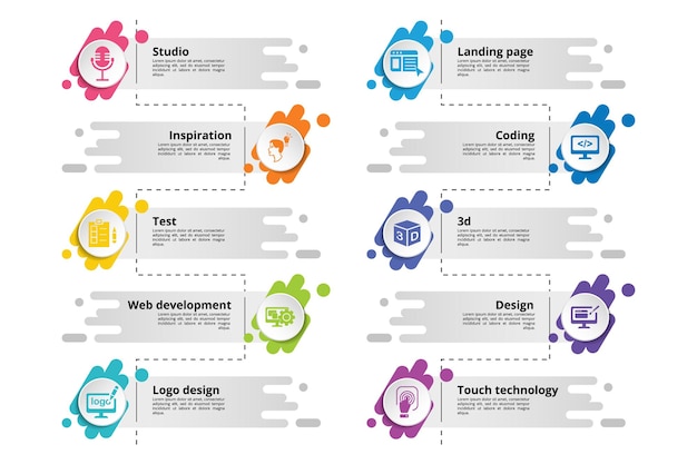 Infografías con iconos creativos del tema del paquete pasos como