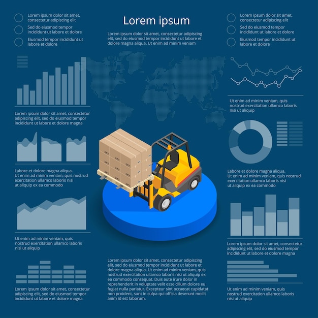 Infografías con iconos de datos, gráficos de mapas mundiales y elementos de diseño de la ilustración vectorial infográfica de la red logística de comercio internacional con vehículos isométricos para el transporte de carga.