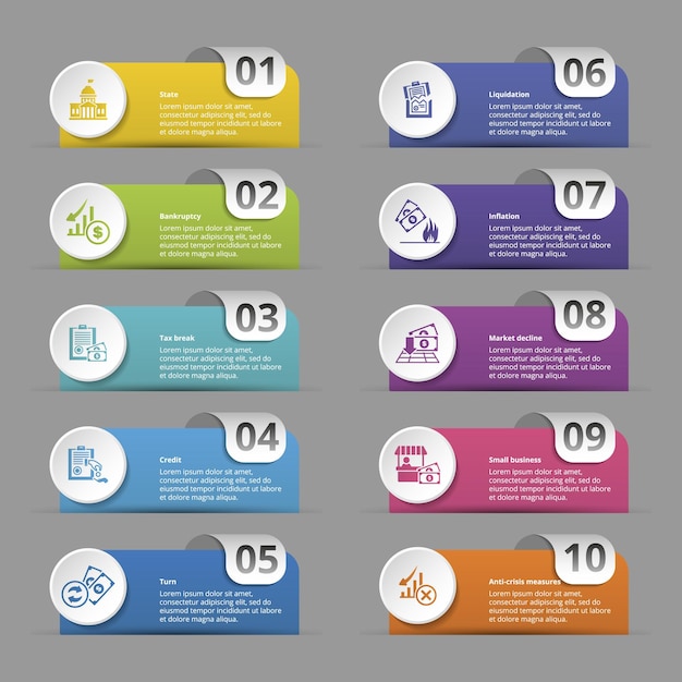 Infografías con iconos de temas de crisis pasos como el estado