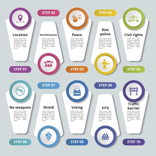 Infografías con iconos de temas de derechos civiles pasos como
