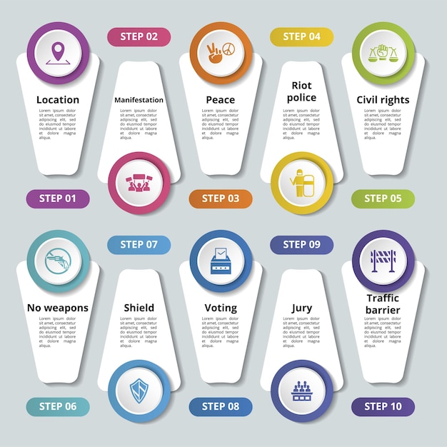 Vector infografías con iconos de temas de derechos civiles pasos como